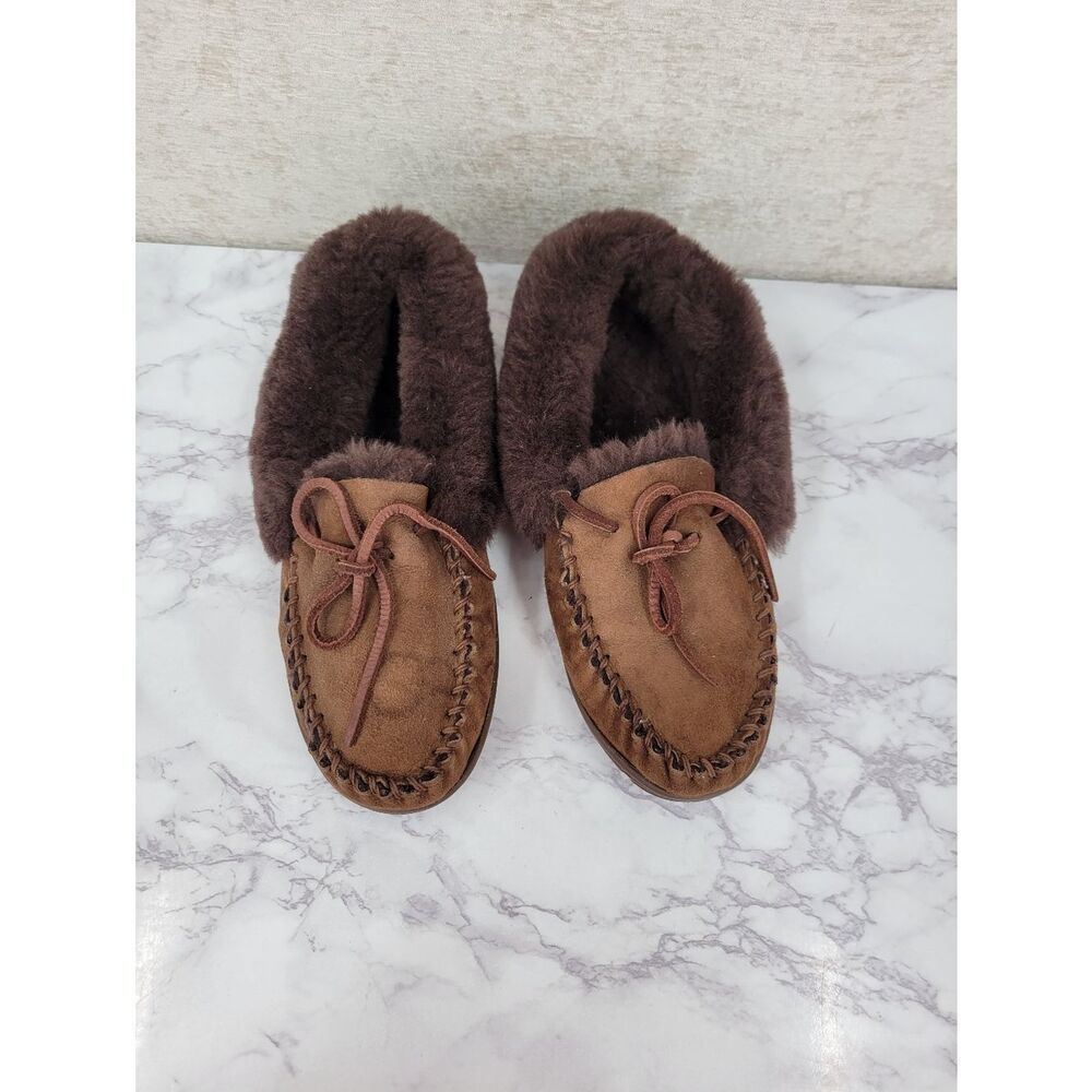 LL Bean Women's Wicked Good Moccasins Chocolate Brown Shearling Suede Slippers